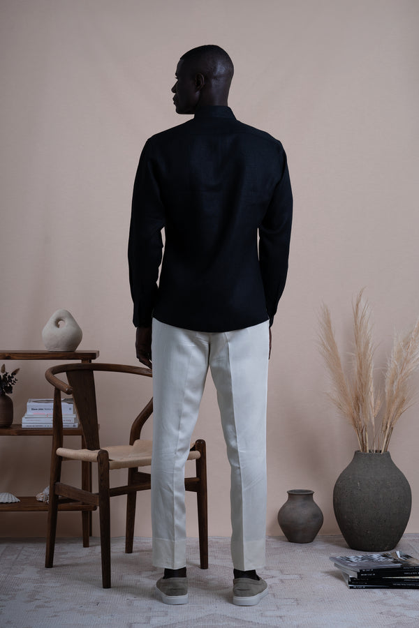 Plain Black Linen Mao Casual Shirt