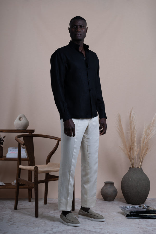 Plain Black Linen Mao Casual Shirt
