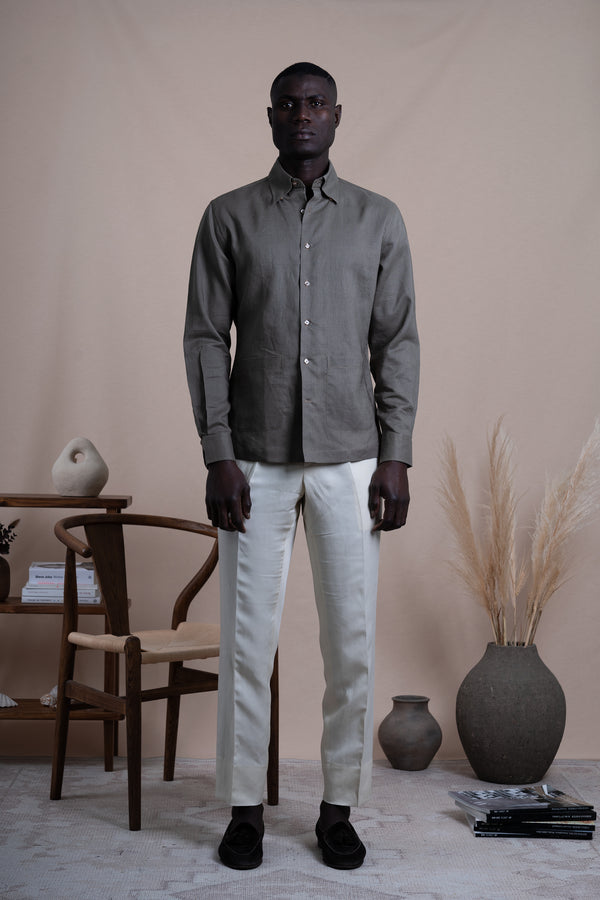 Plain Brown Linen Down Pockets Casual Shirt