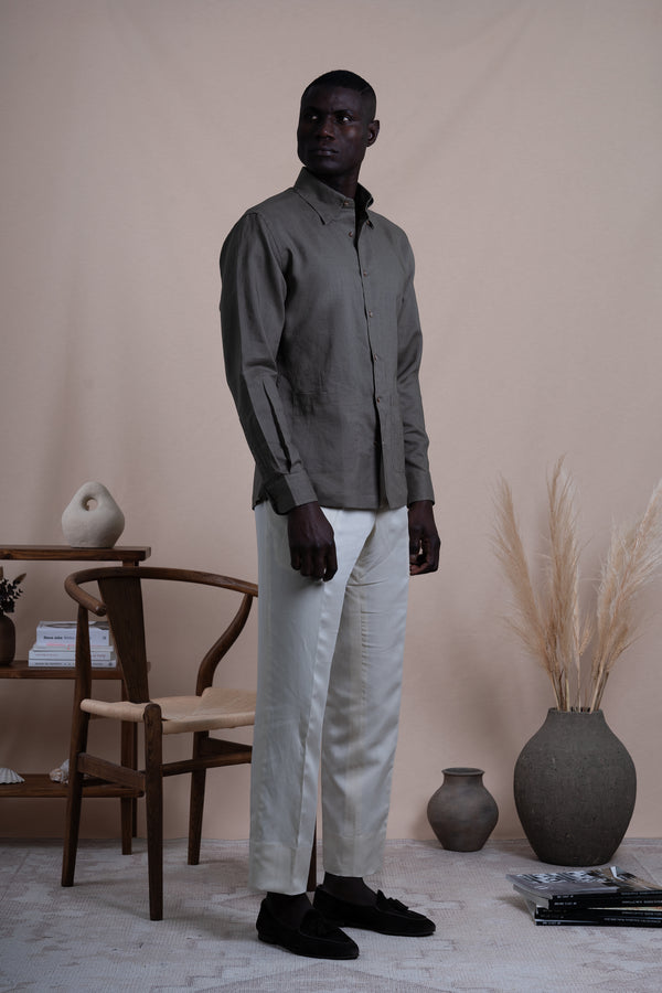 Plain Brown Linen Down Pockets Casual Shirt