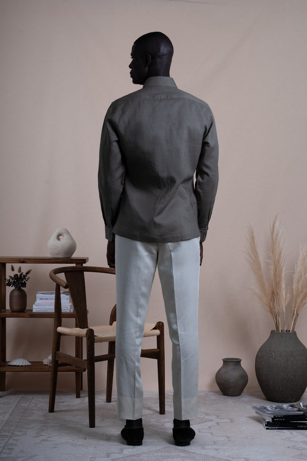 Plain Brown Linen Down Pockets Casual Shirt