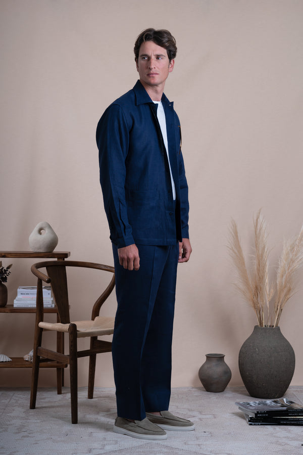 Plain Dark Navy Linen Overshirt