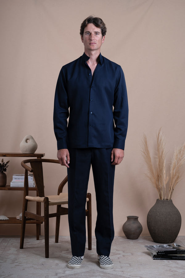 Plain Dark Navy Linen Mao Casual Shirt