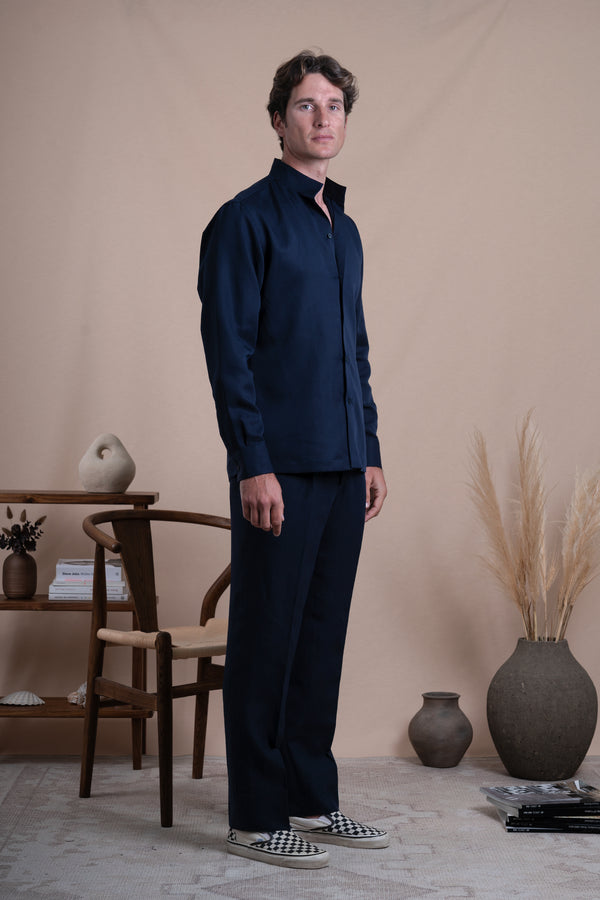 Plain Dark Navy Linen Mao Casual Shirt