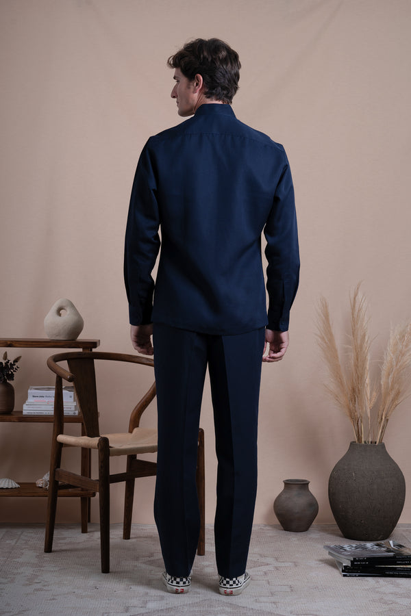 Plain Dark Navy Linen Mao Casual Shirt