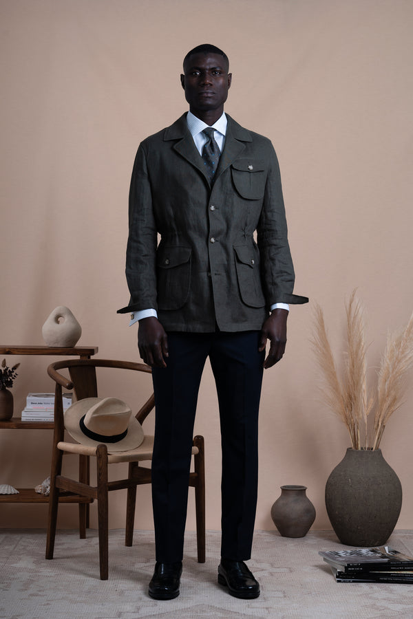 Plain Dark Green Linen Sahariana