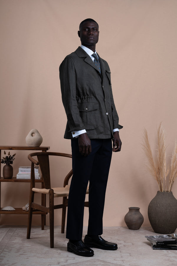 Plain Dark Green Linen Sahariana