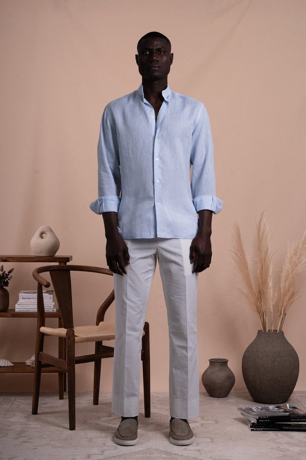 Plain Light Blue Linen Mao Casual Shirt