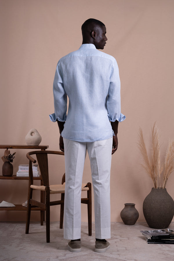 Plain Light Blue Linen Mao Casual Shirt