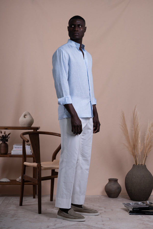 Plain Light Blue Linen Mao Casual Shirt