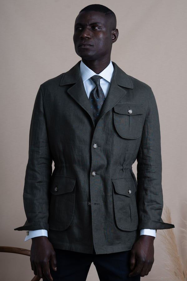 Plain Dark Green Linen Sahariana