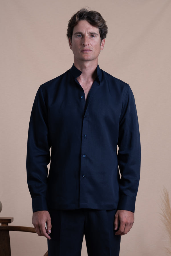 Plain Dark Navy Linen Mao Casual Shirt