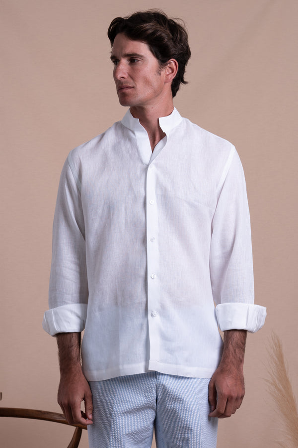 Plain White Linen Mao Casual Shirt