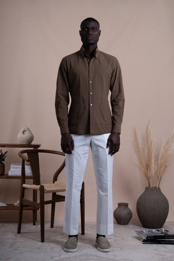Seersucker Chocolate Brown Cotton Down Pockets Casual Shirt