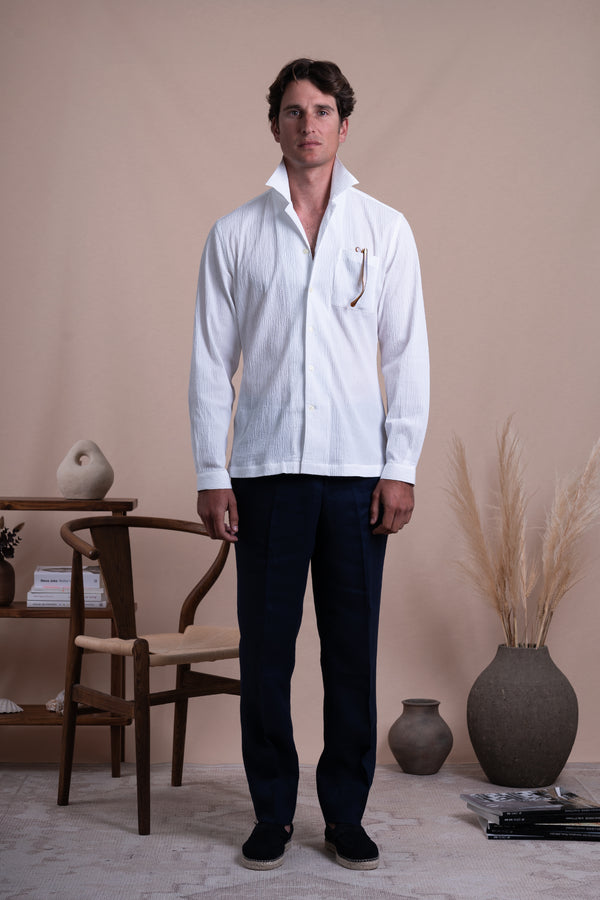 Seersucker White Cotton Chest Pocket Casual Shirt