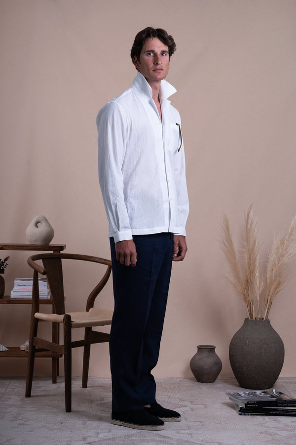Seersucker White Cotton Chest Pocket Casual Shirt