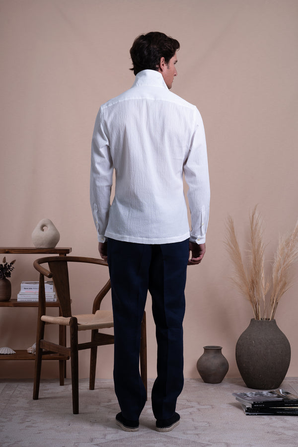 Seersucker White Cotton Chest Pocket Casual Shirt