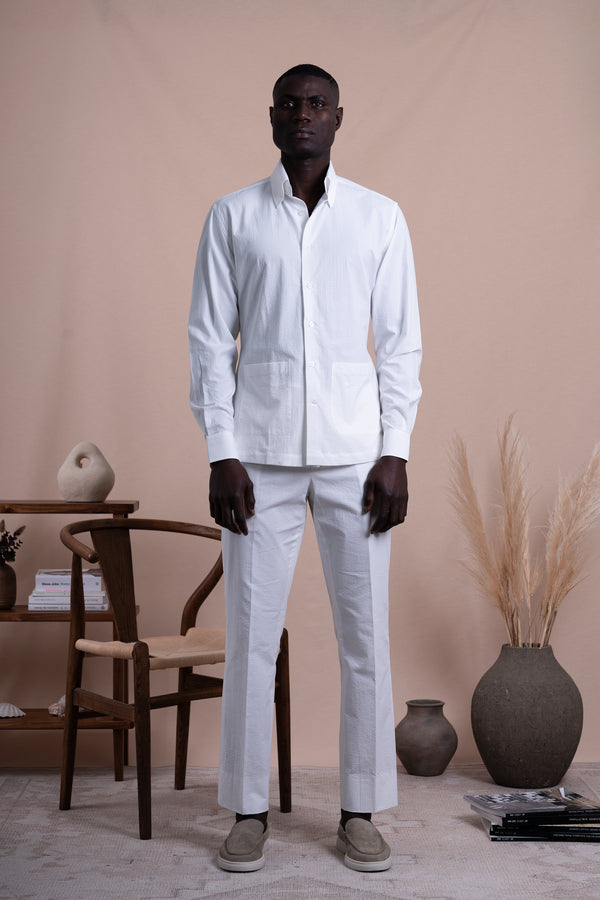 Seersucker Off White Cotton Down Pockets Casual Shirt