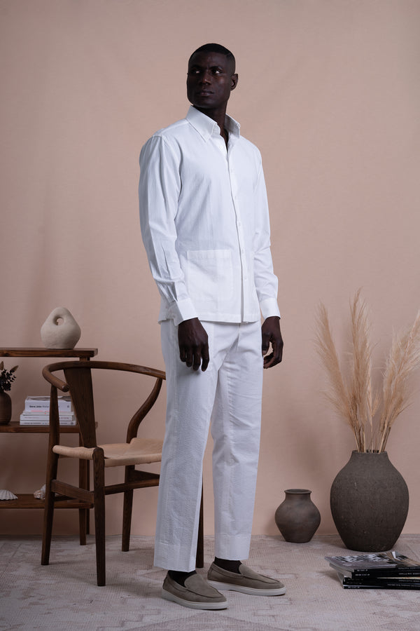 Seersucker Off White Cotton Down Pockets Casual Shirt