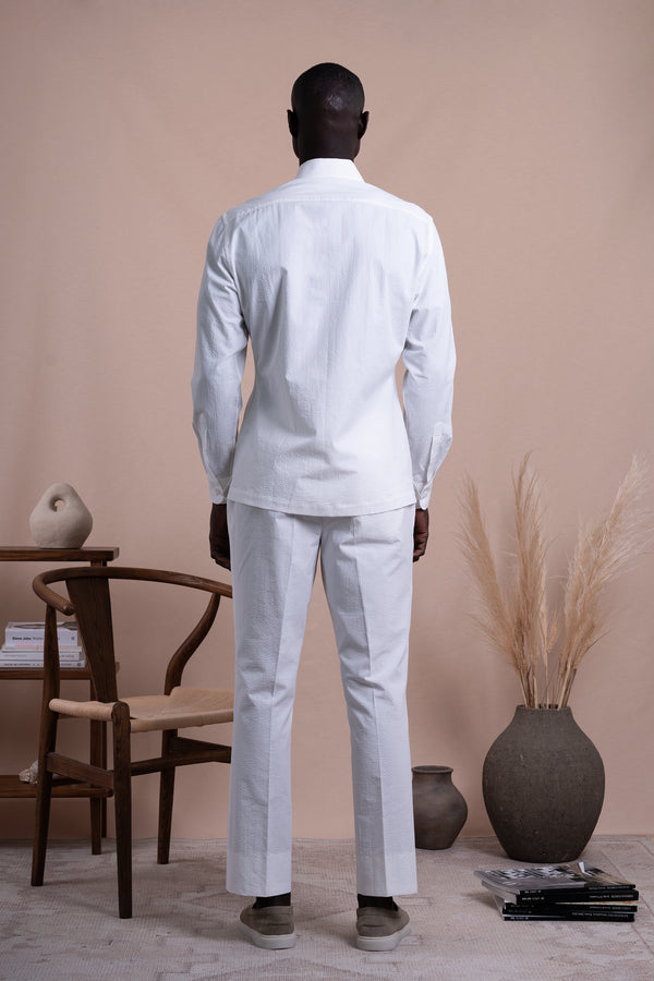 Seersucker Off White Cotton Down Pockets Casual Shirt