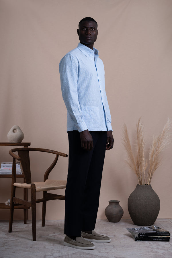 Seersucker White+Navy Cotton Down Pockets Casual Shirt