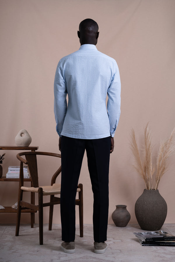 Seersucker White+Navy Cotton Down Pockets Casual Shirt