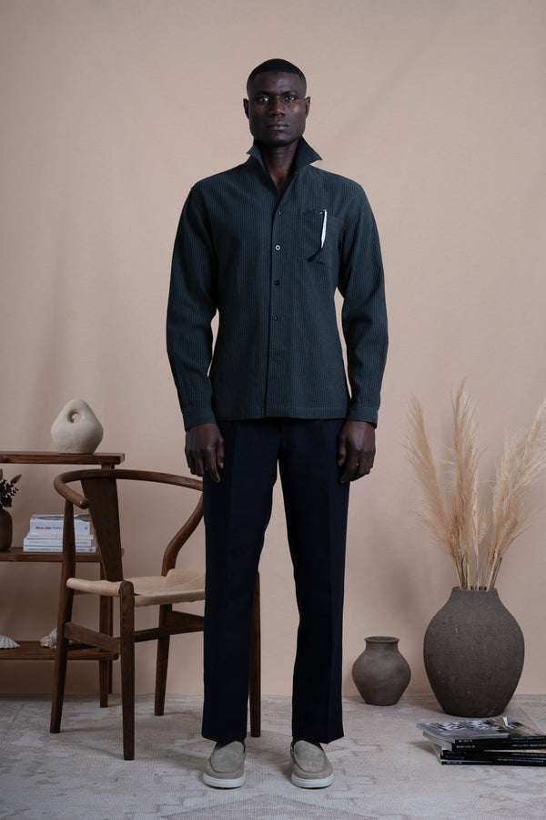 Stripes Dark Green Linen Chest Pocket Casual Shirt