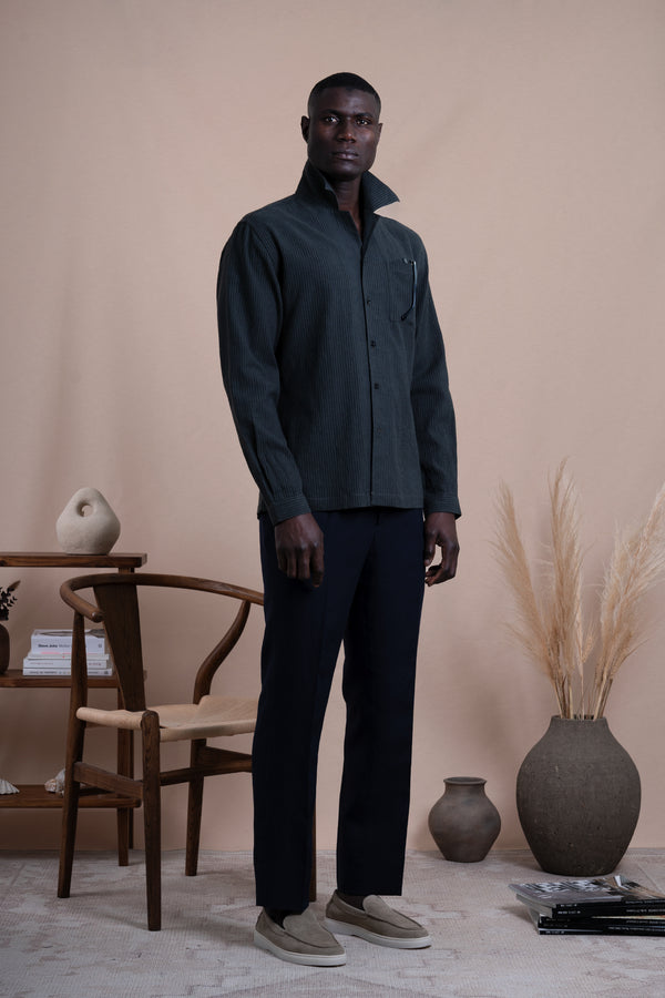 Stripes Dark Green Linen Chest Pocket Casual Shirt