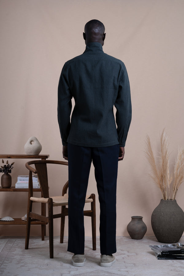 Stripes Dark Green Linen Chest Pocket Casual Shirt