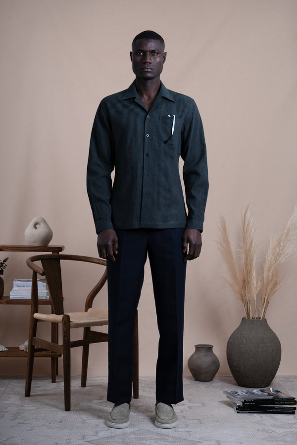 Stripes Dark Green Linen Chest Pocket Casual Shirt