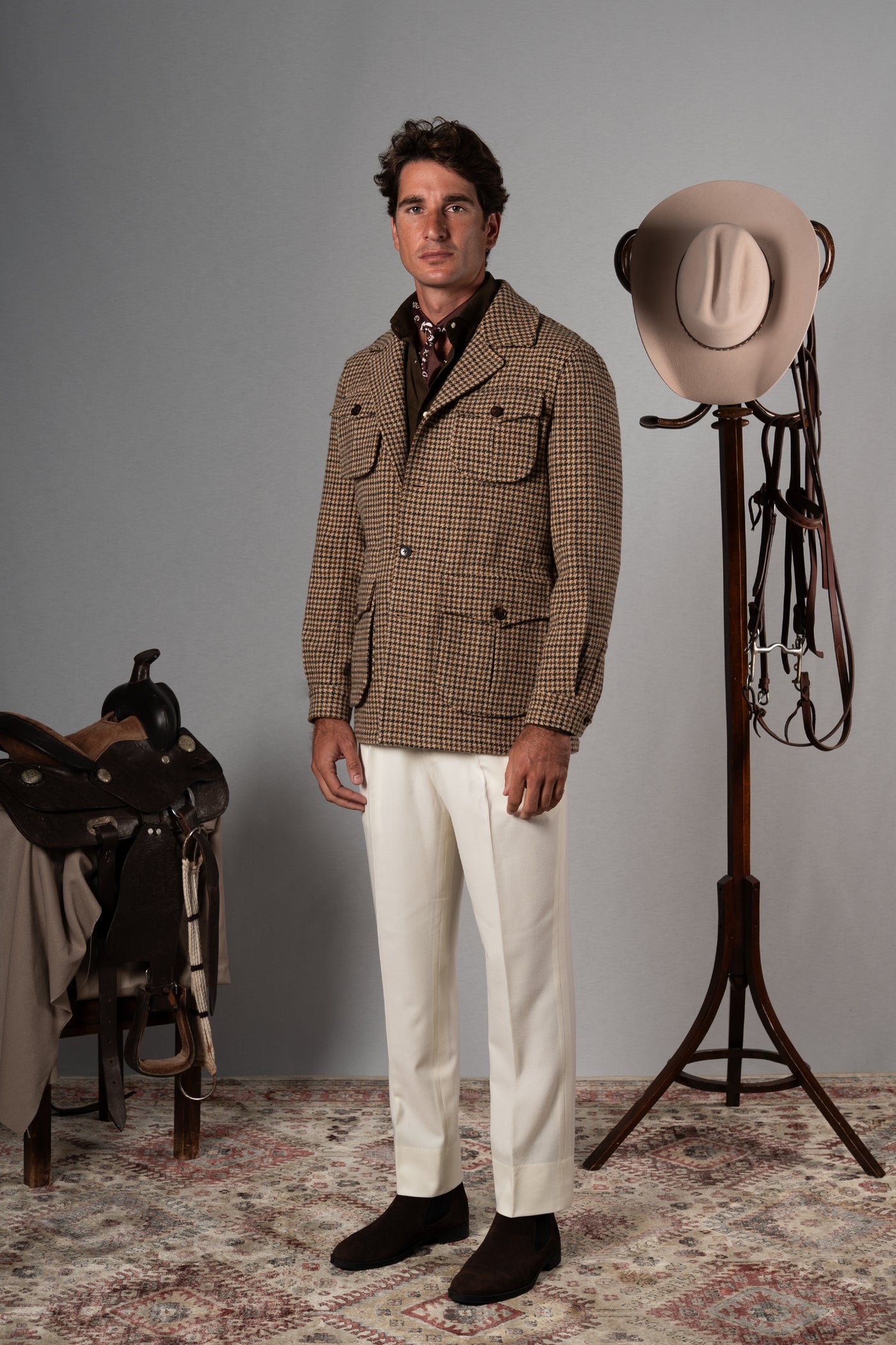 Houndstooth Beige Wool Sahariana