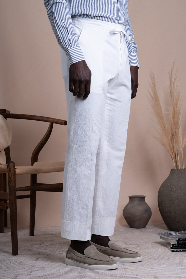 Seersucker Off White Cotton Tailoring Pants