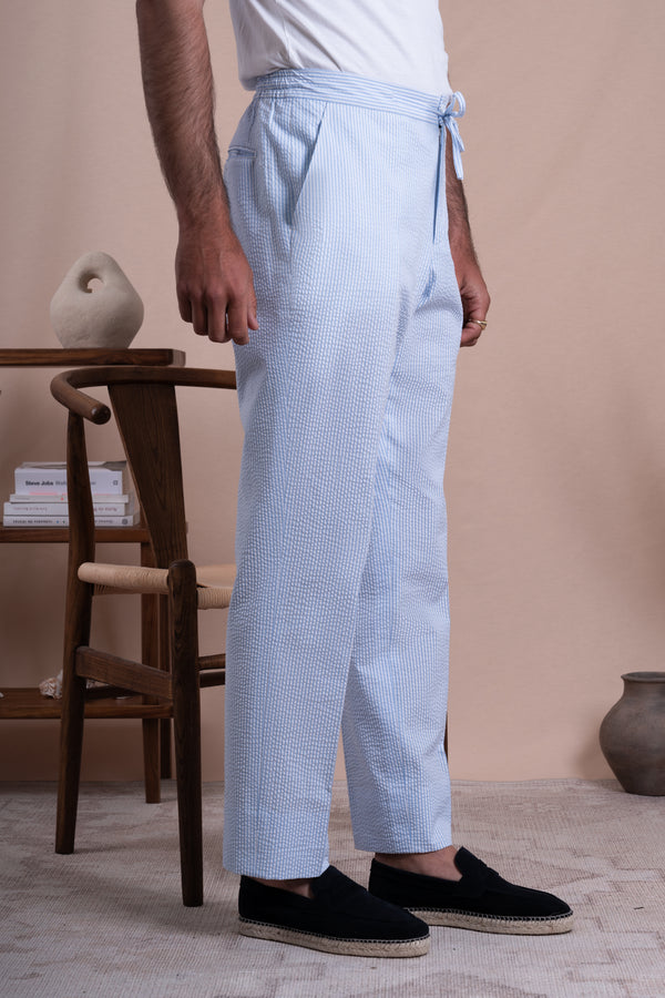 Seersucker White+Navy Cotton Tailoring Pants