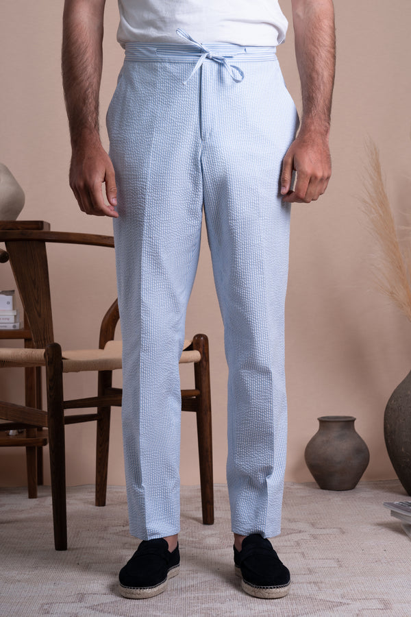 Seersucker White+Navy Cotton Tailoring Pants