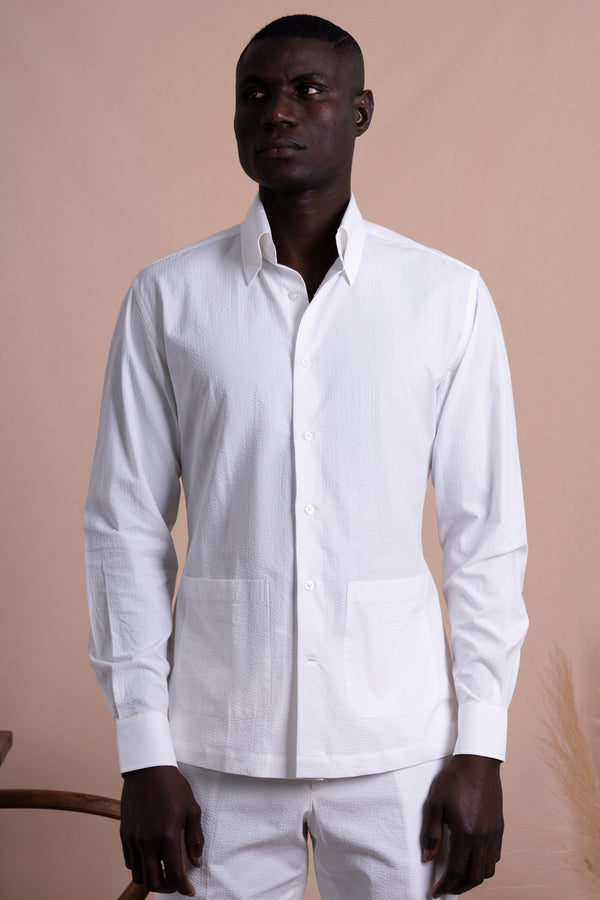 Seersucker Off White Cotton Down Pockets Casual Shirt