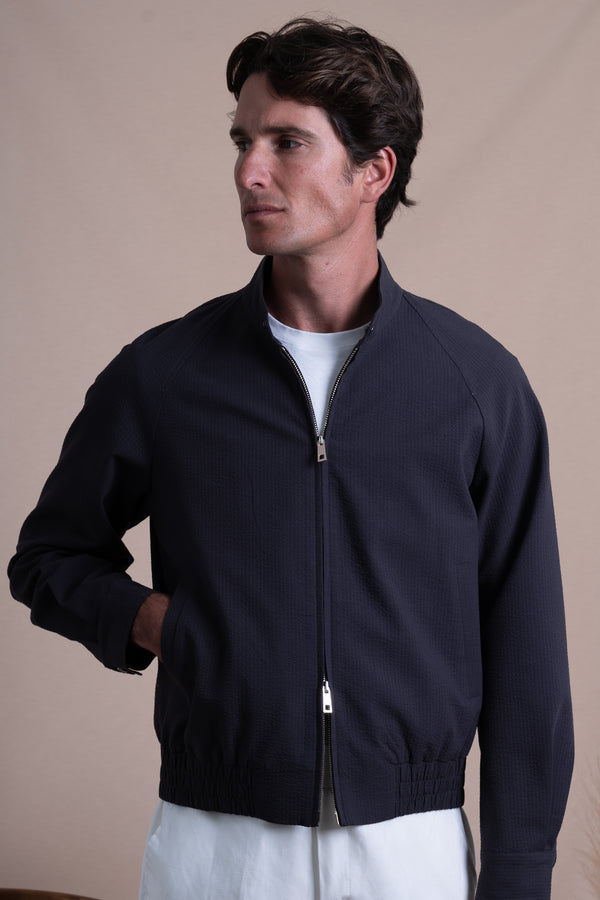 Seersucker Stone Grey Cotton Bomber