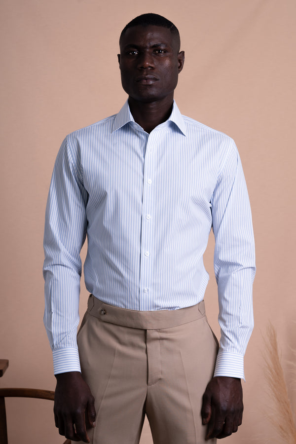 Stripes White+Light Blue Cotton Business Shirt