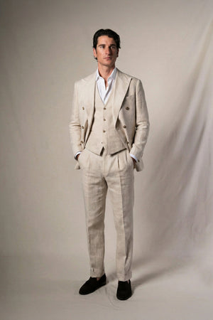 Beige Linen Double Breasted 3 Pieces Suit - Traje a medida BUND