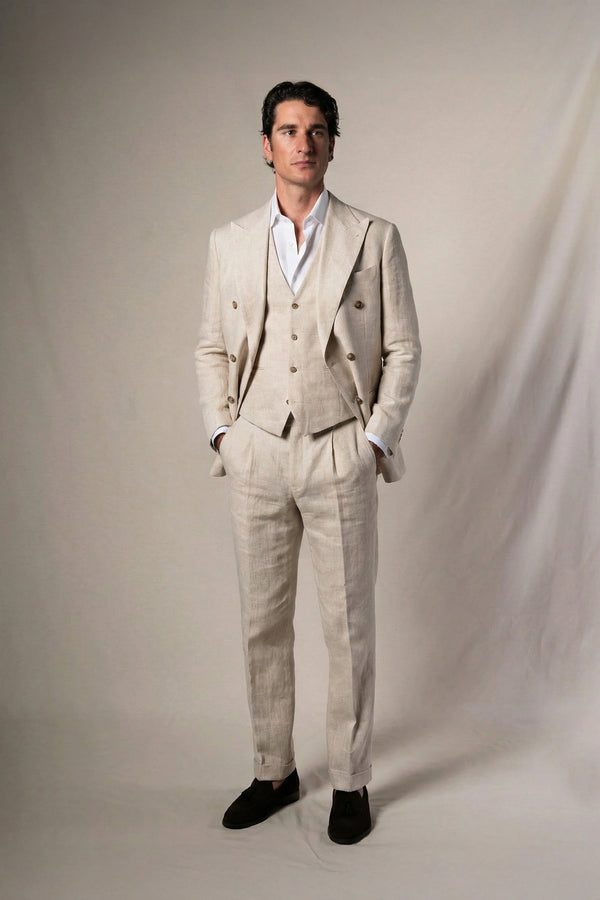 Beige Linen Double Breasted 3 Pieces Suit